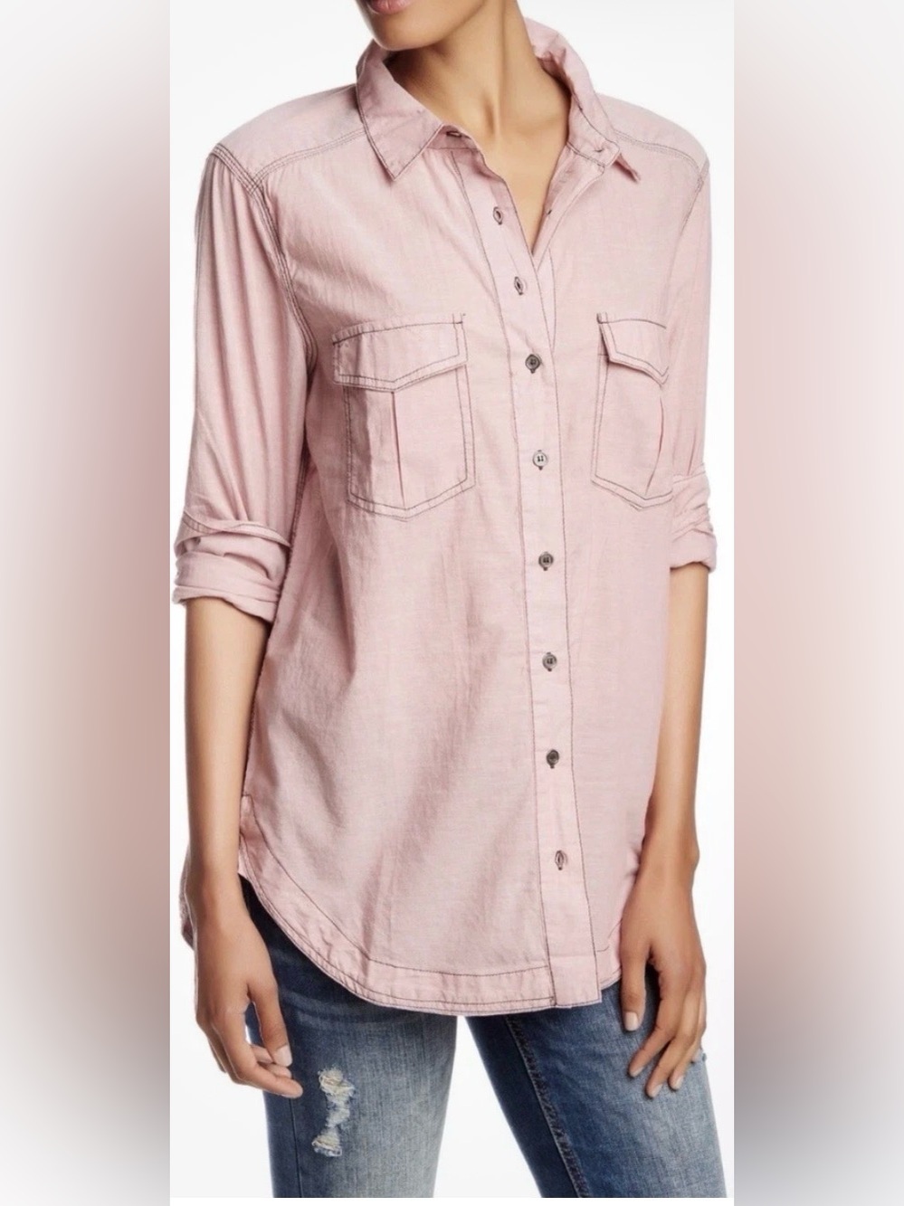 Free People  last chance Soft Blush Button-Down Utility Shirt. Small